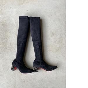 Study Stretch 55mm Black Suede OTK Spike Heel Sock Boots D115
